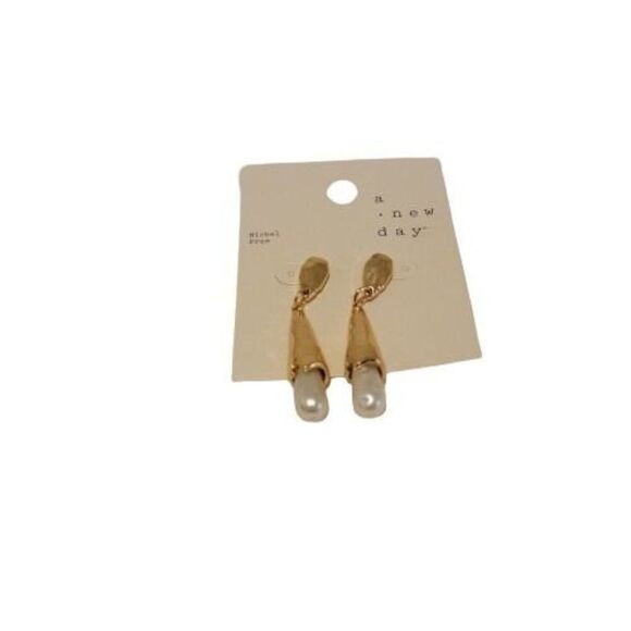 A New Day Gold Nickel Free Warped Cap Simulated Pearl Drop Earrings - Picture 1 of 5